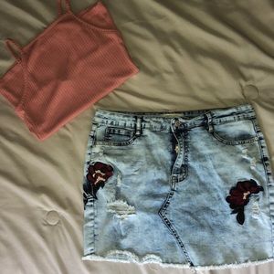 flower embroidered denim skirt